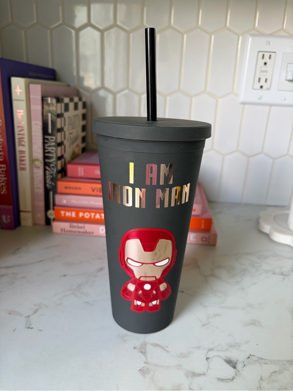 I AM IRON MAN Matte Black Insulated Tumbler with Straw